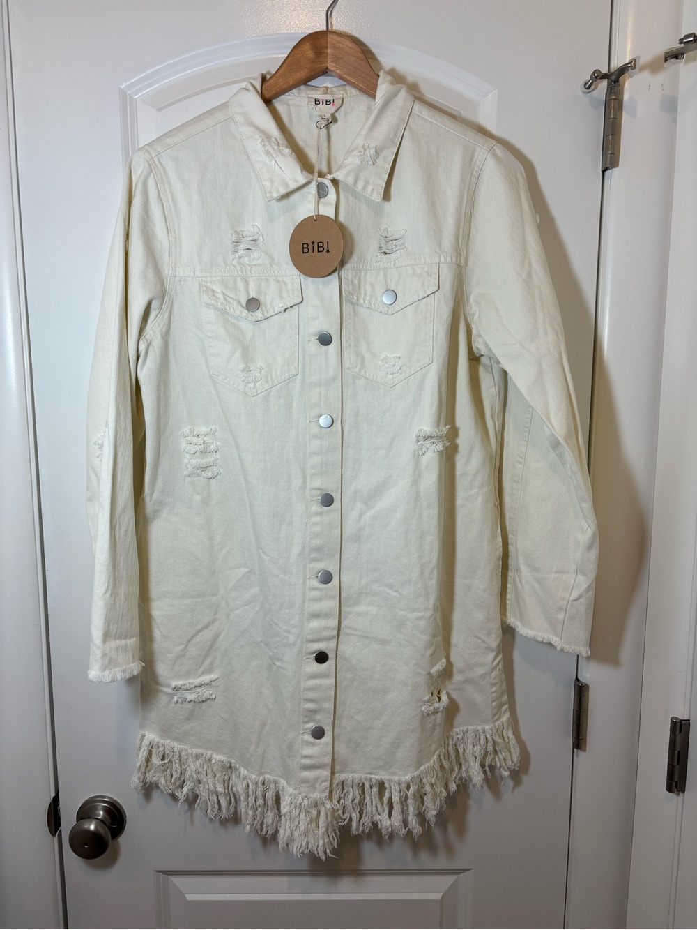 BiBi Cream Distressed Fringe Denim Jacket